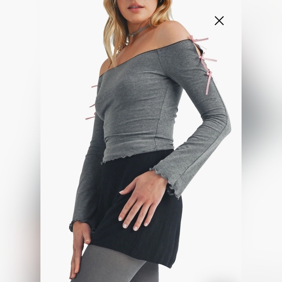 Lush Sweaters - Lush Off the Shoulder Bow Sweater Charcoal Sz M NWT